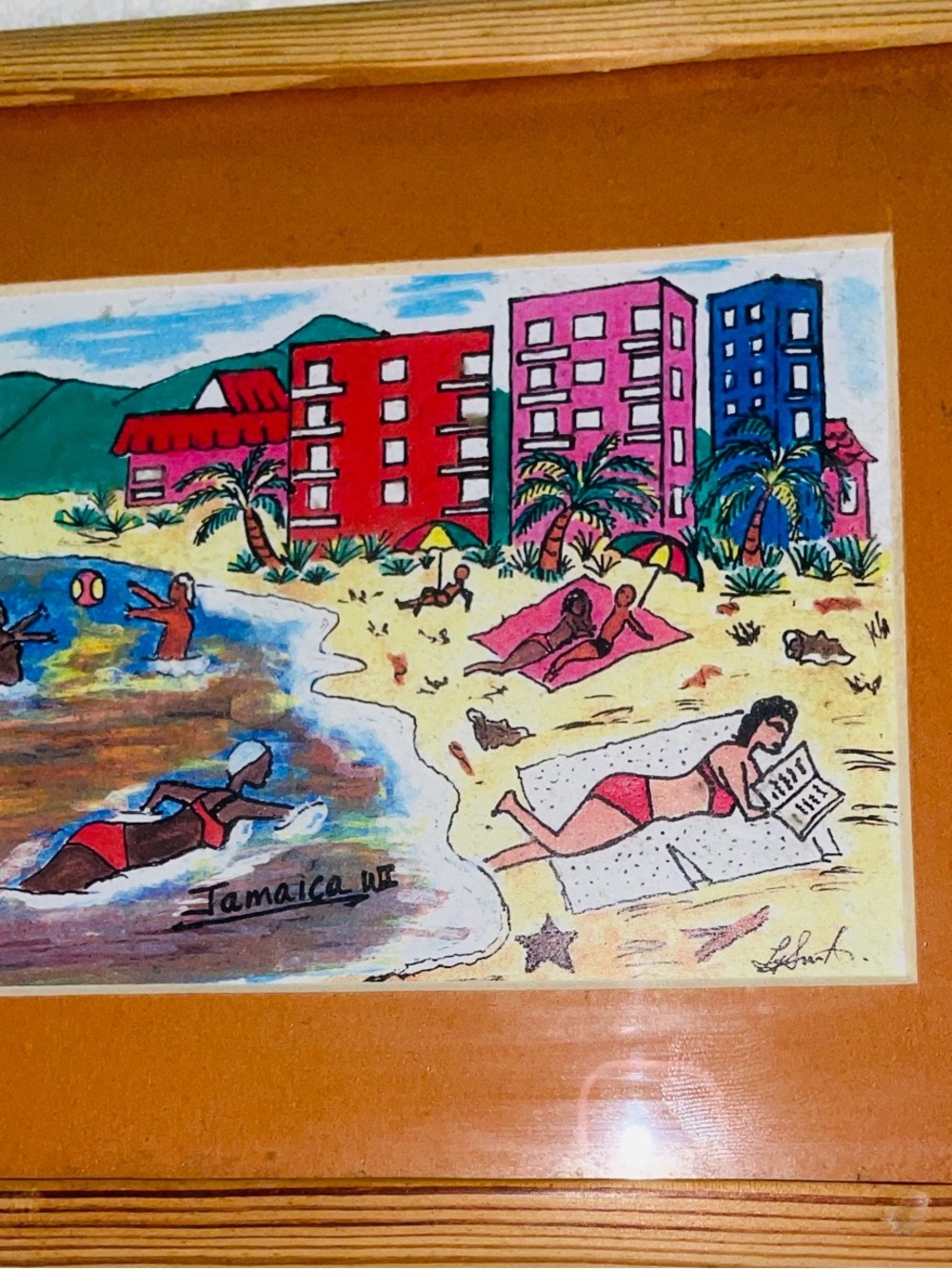 Caribbean islands-naive folkart-vintage-beach scene-Jamaica WI-wood frame print